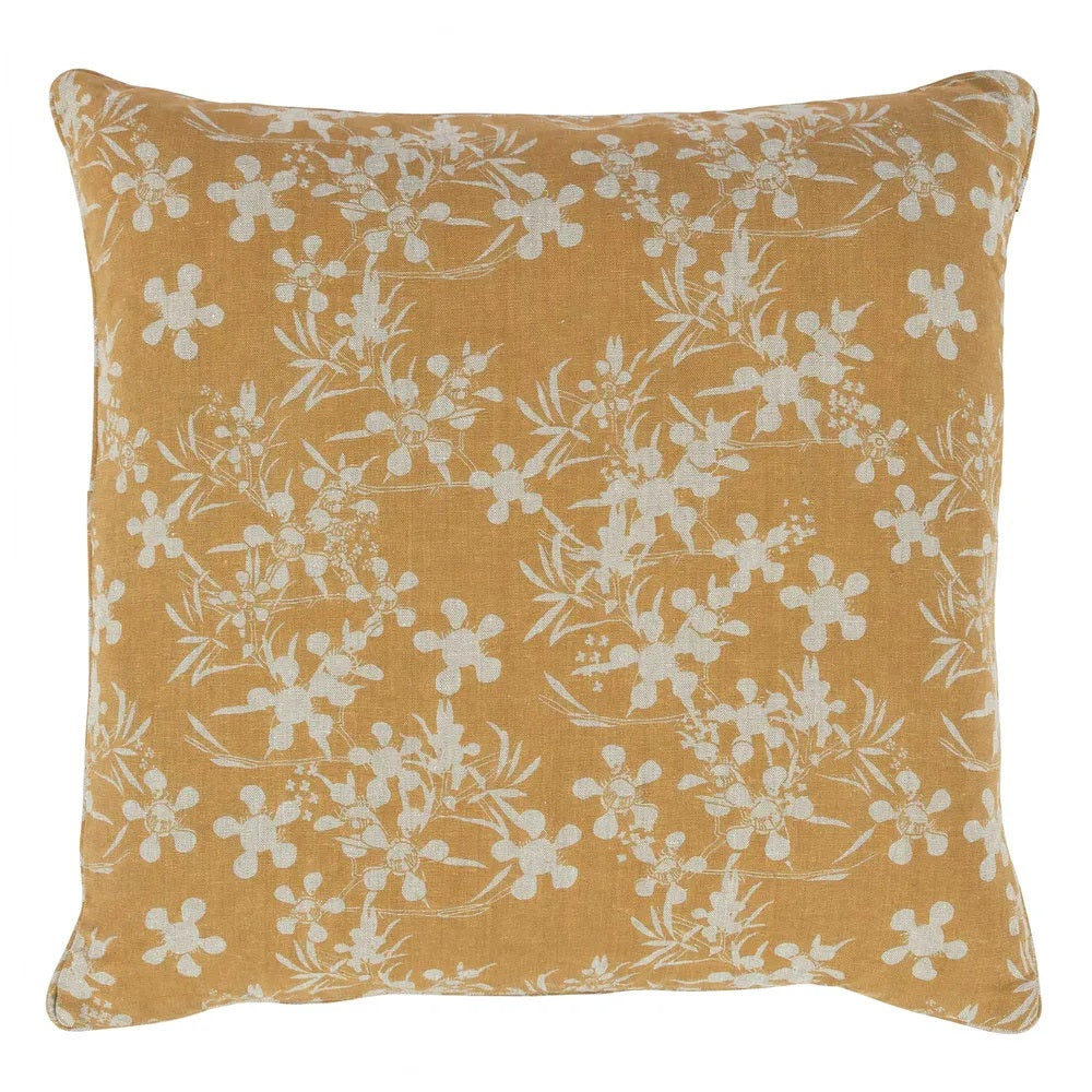 Twig and Feather cushion myrtle print in honey mustard by Raine and Humble