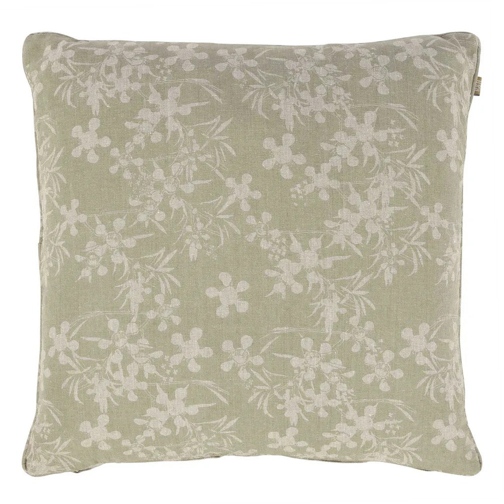 Twig and Feather cushion myrtle print in sage green 50cm x 50cm by Raine and Humble