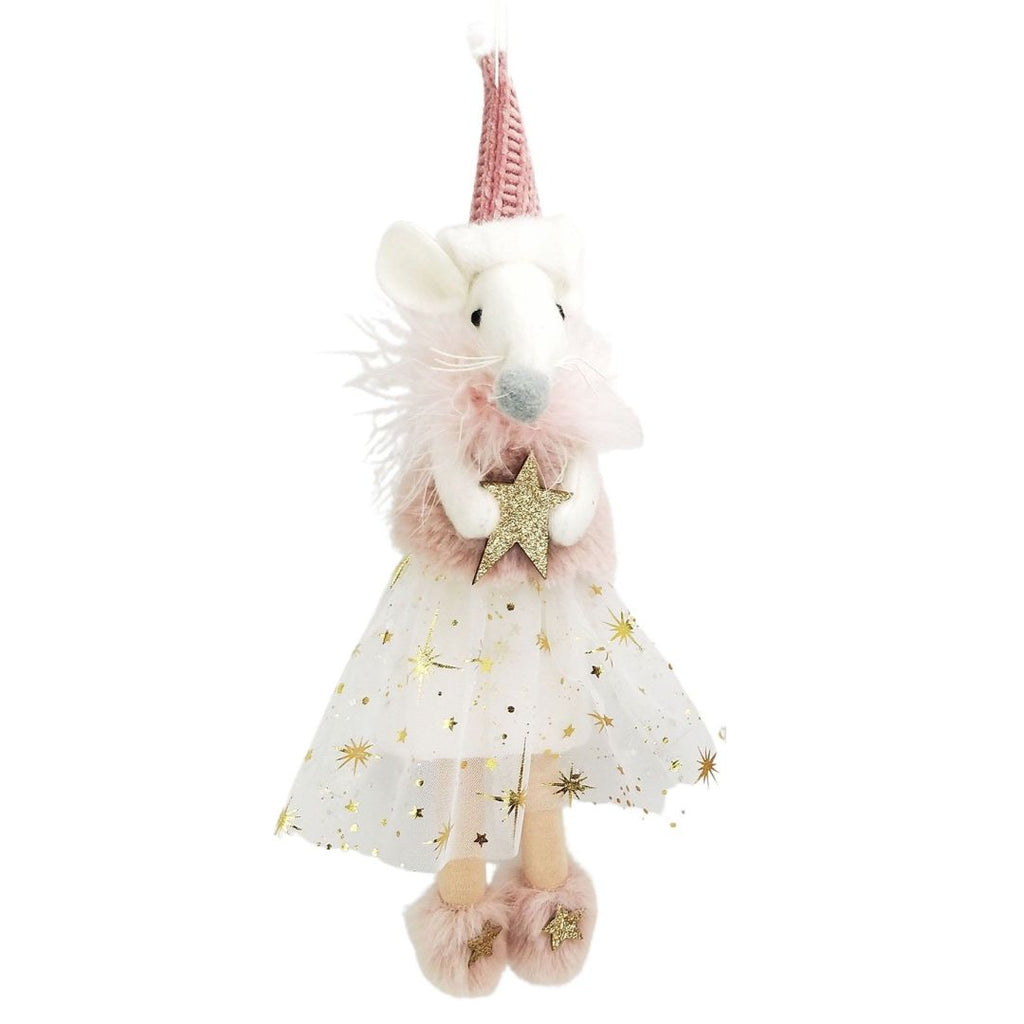 Fabric mouse hanging decoration with gold dress in pink