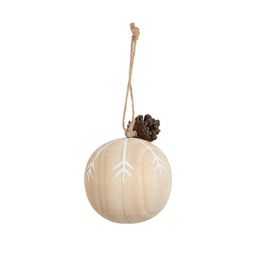 Twig and feather hanging wood bauble with pinecone