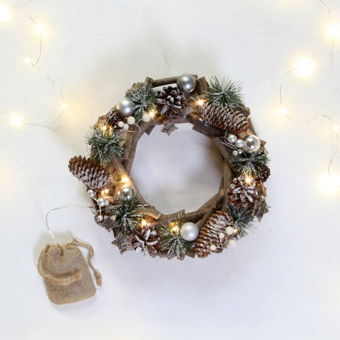 Wreath – Snow Dusted Spruce Conifer – Light Up - 30cm
