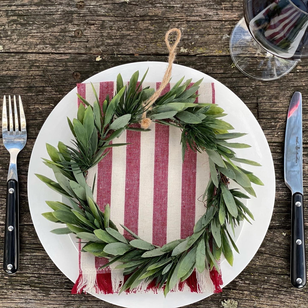 Twig and Feather Red and white stripe Christmas napkins styled